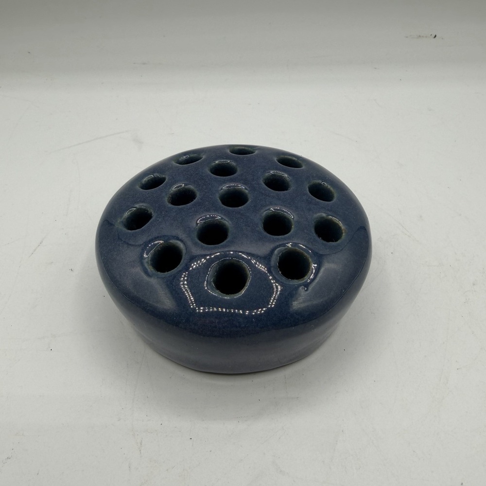 Vintage Blue Glazed Flower Frog 16 Holes Ceramic Pottery MCM - 3 3/4" Round
